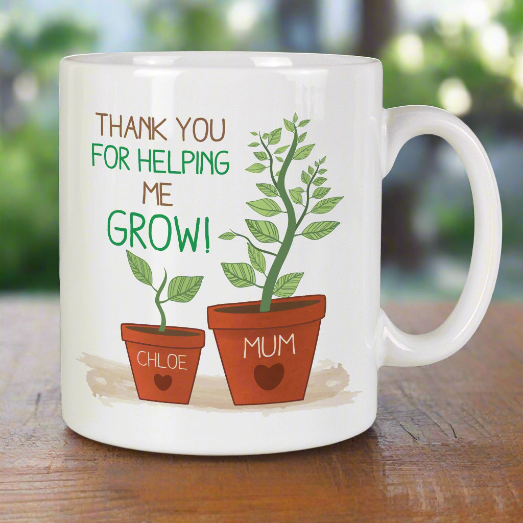 White mug with plant pots and text 'Thank you for helping me grow! Mum' on a gray background