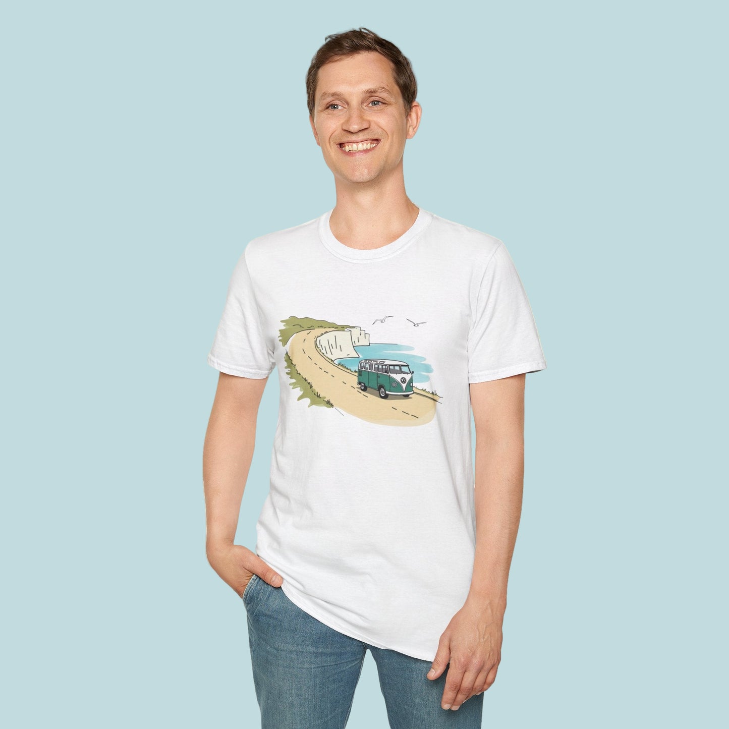 Person wearing a white t-shirt with a graphic design on a white background