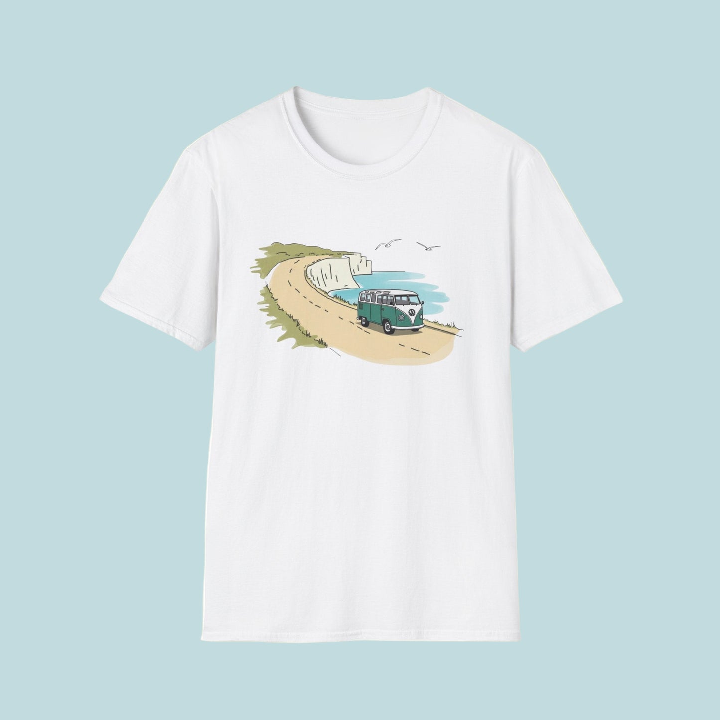 White t-shirt with a graphic of a van on a beach
