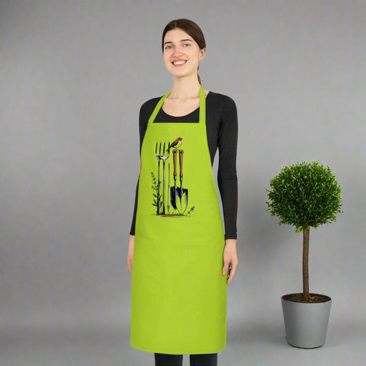 Woman wearing a green apron with gardening tool design on a white background