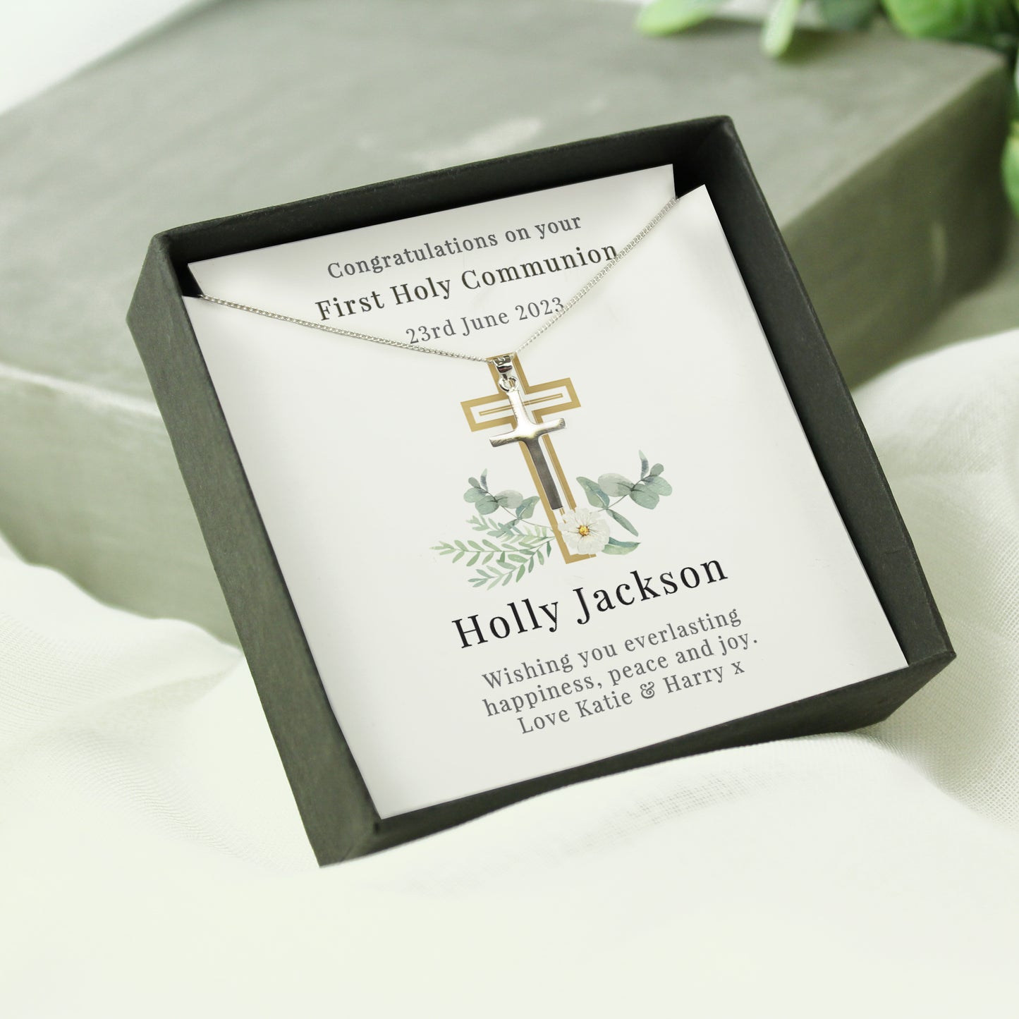 Personalised Floral Sentiment Cross Necklace and Box