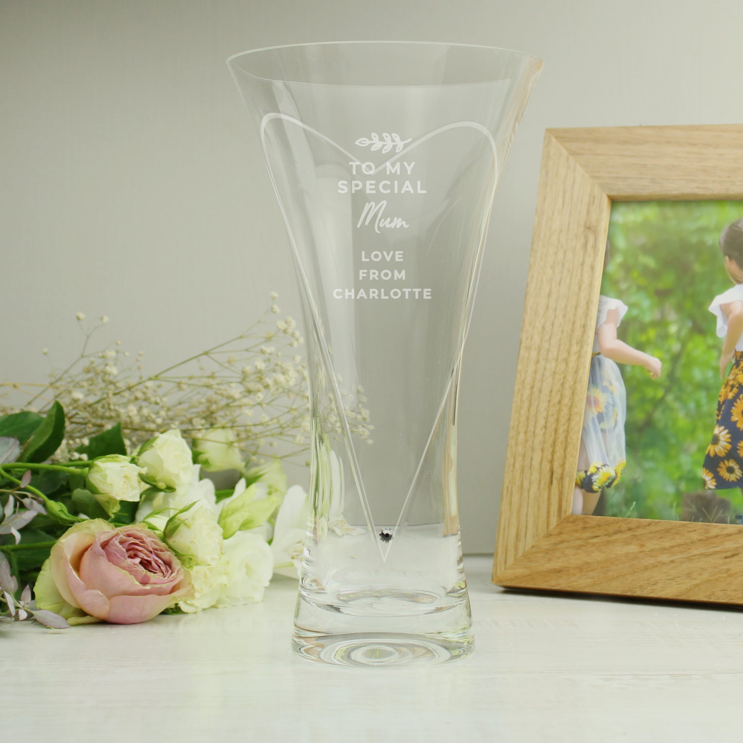 Personalised Free Text Botanical Hand Cut Diamante Heart Vase