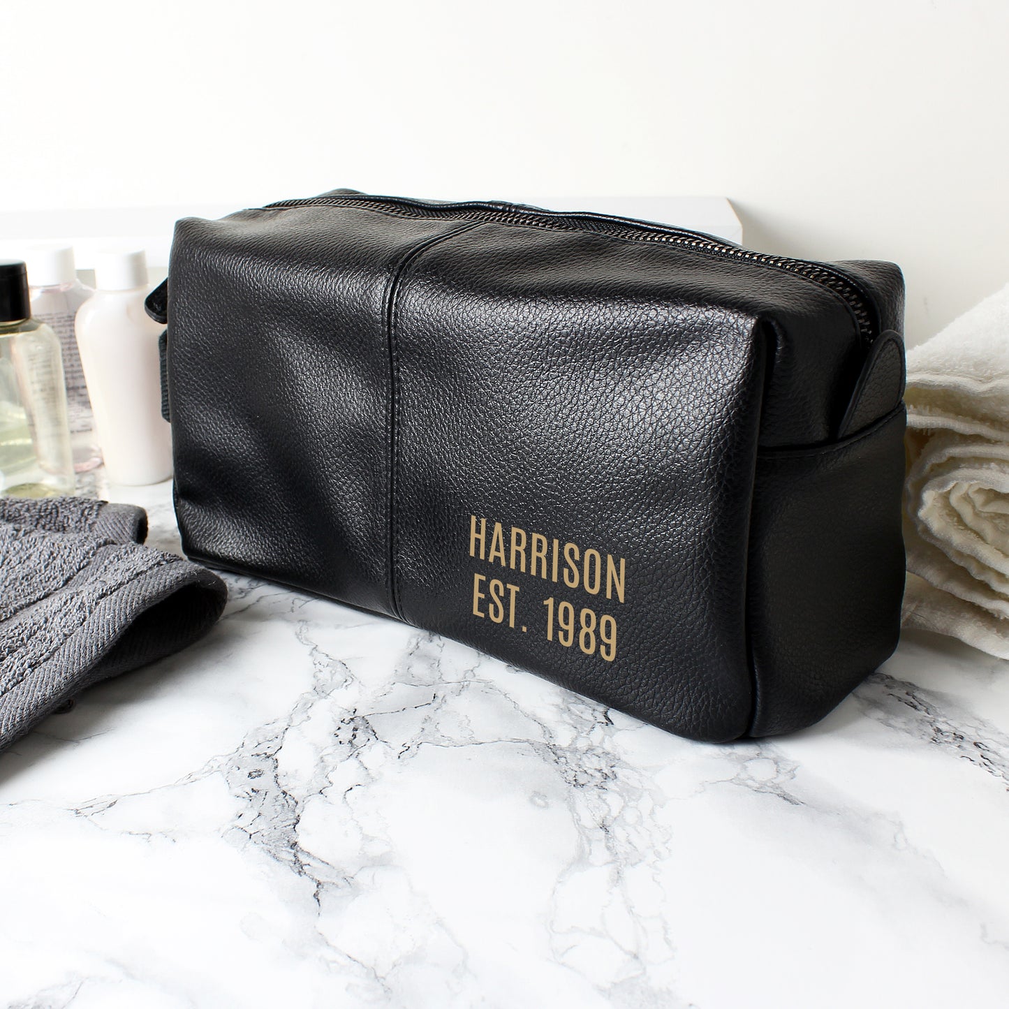 Personalised Luxury Black leatherette Wash Bag