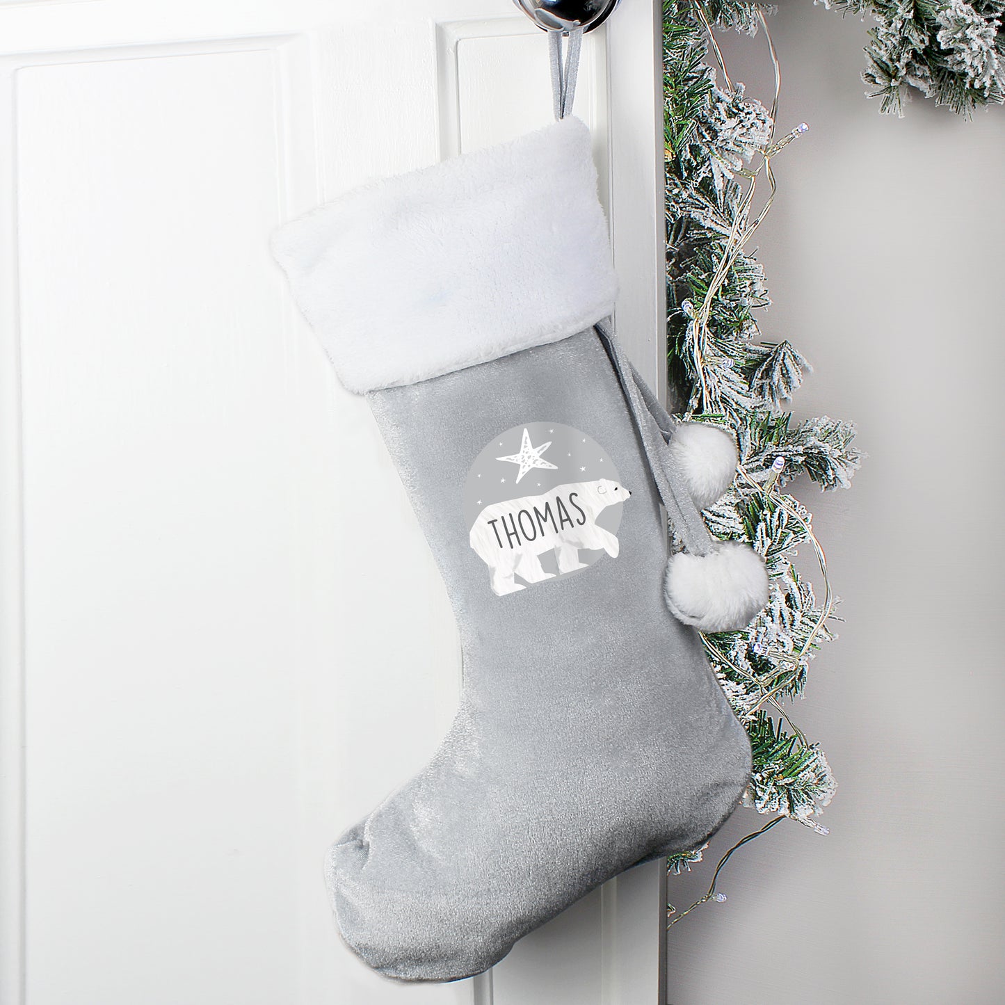 Personalised Polar Bear Luxury Silver Grey Stocking