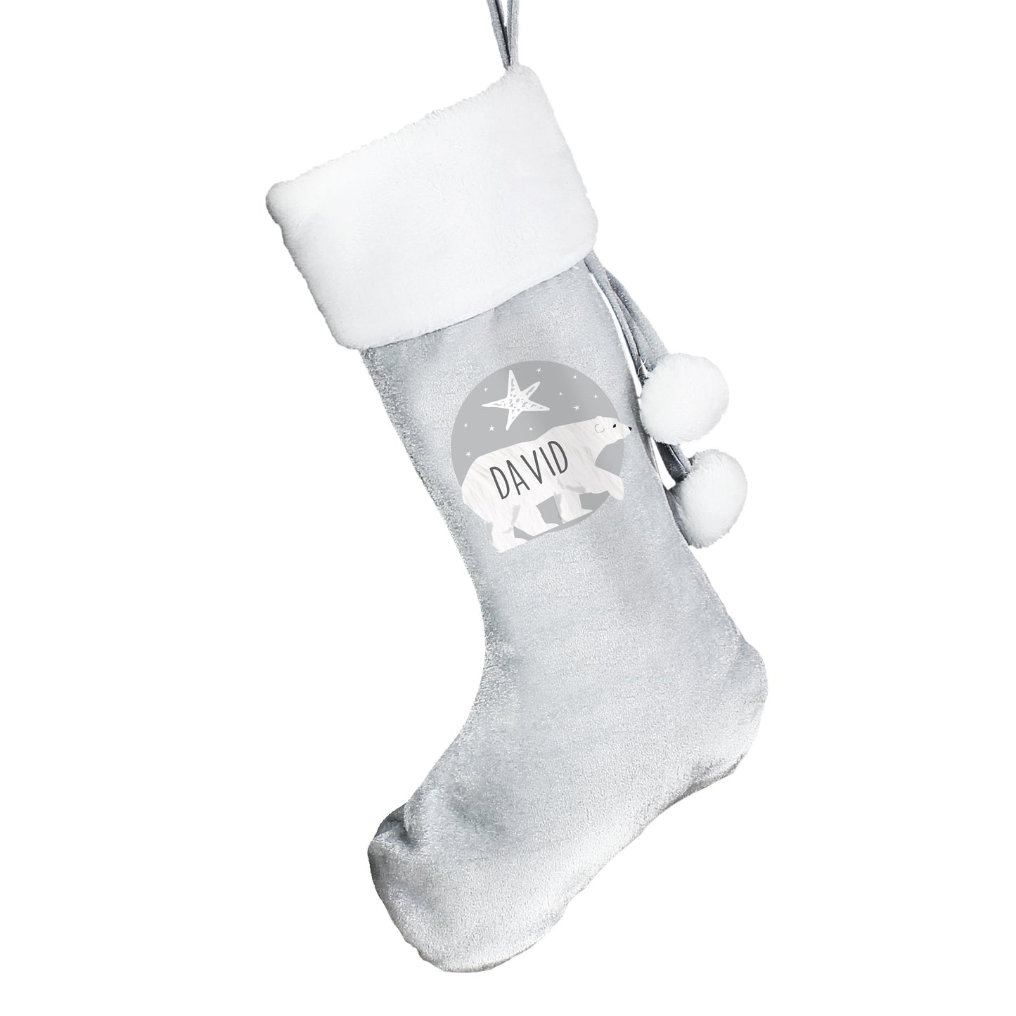 Personalised Polar Bear Luxury Silver Grey Stocking