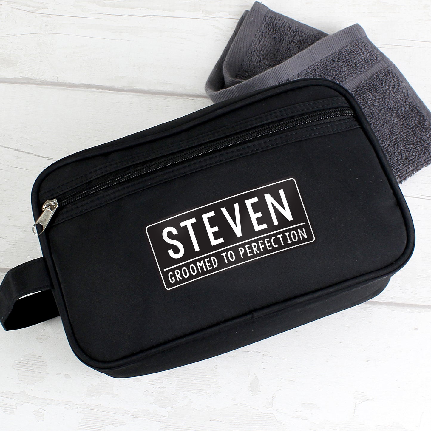 Personalised Free Text Black Toiletry Bag