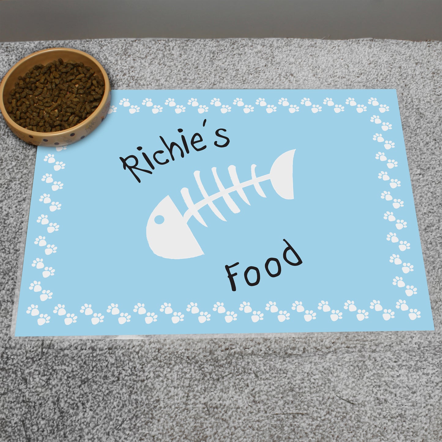 Personalised Blue Fish Bone Cat Pet Bowl Mat