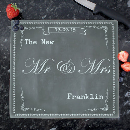 Personalised Family Chalk Glass Chopping Board/Worktop Saver