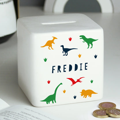 Personalised Dinosaur Ceramic Square Money Box