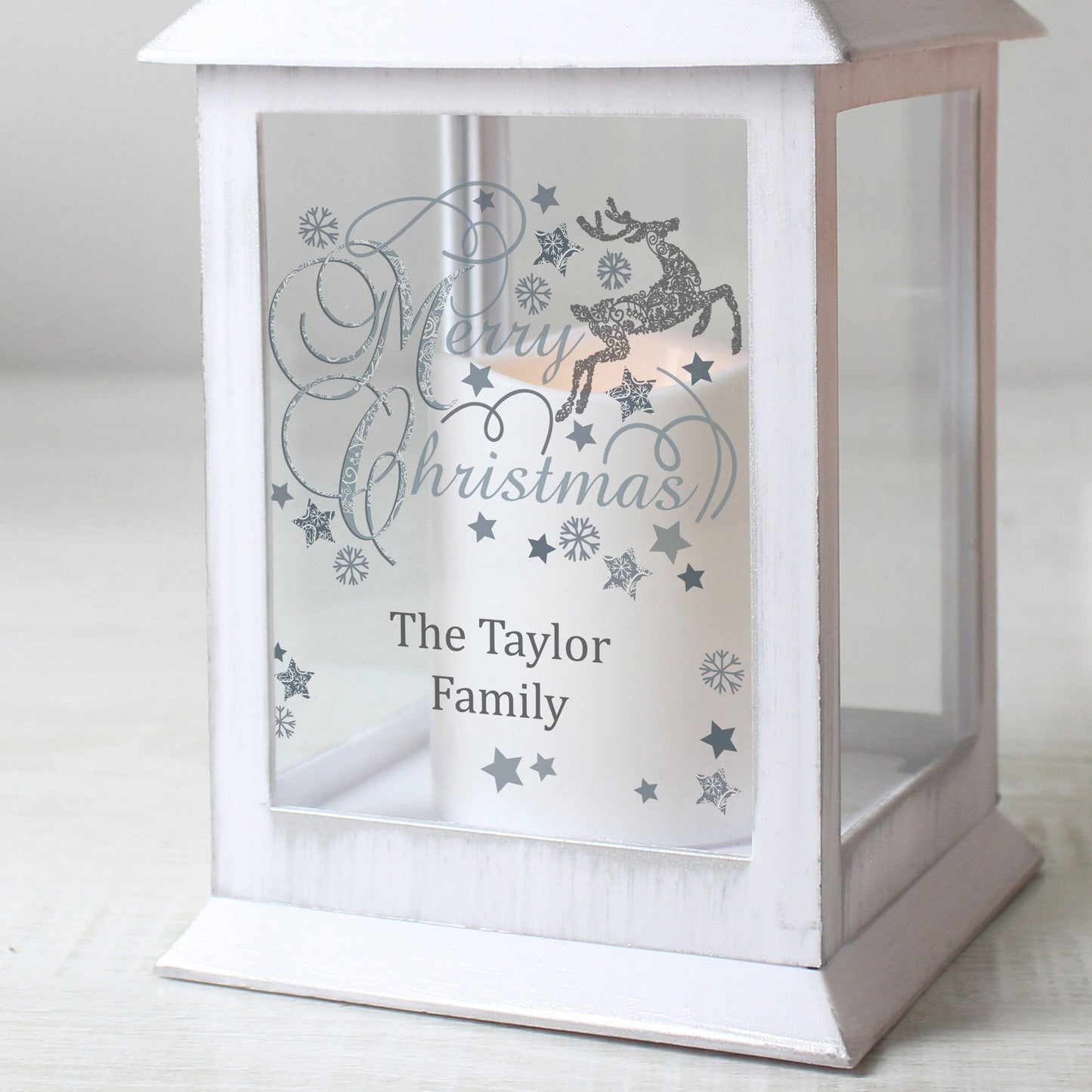 Personalised Silver Reindeer White Lantern