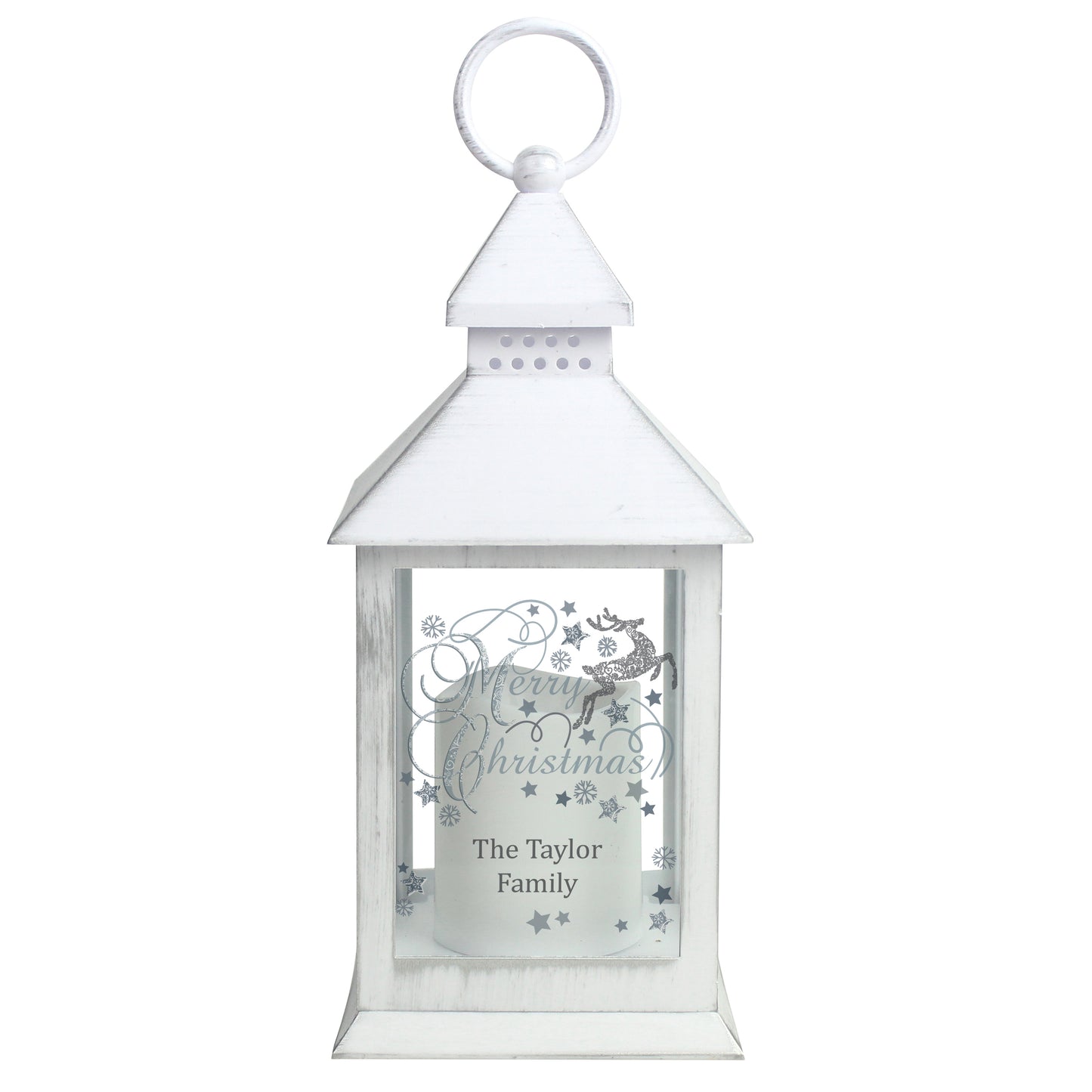 Personalised Silver Reindeer White Lantern