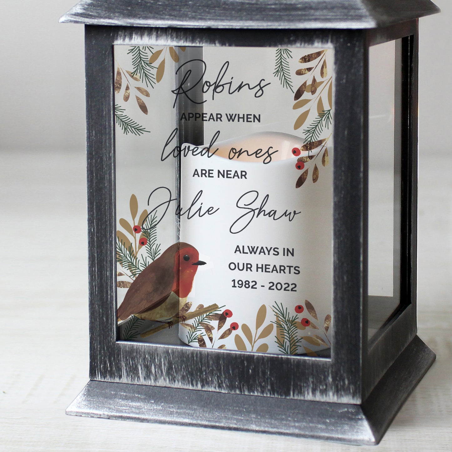 Personalised Robins Appear.. Memorial Black Lantern