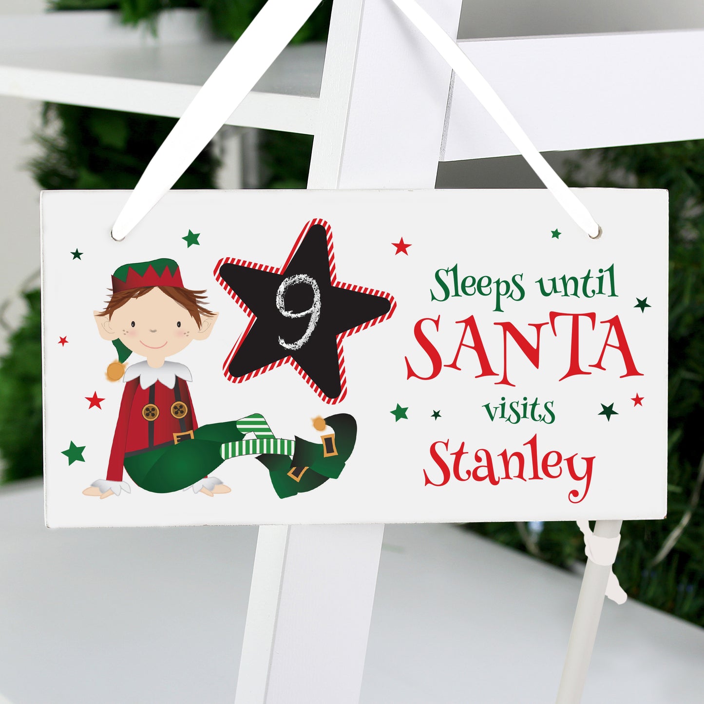 Personalised Elf Christmas Chalk Countdown Wooden Sign