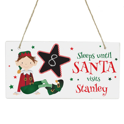 Personalised Elf Christmas Chalk Countdown Wooden Sign