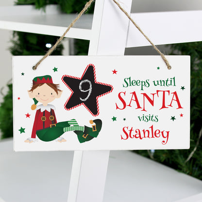 Personalised Elf Christmas Chalk Countdown Wooden Sign