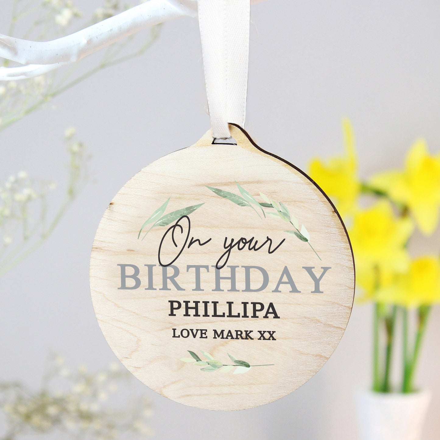 Personalised Leaf Decor Round Wooden Decoration