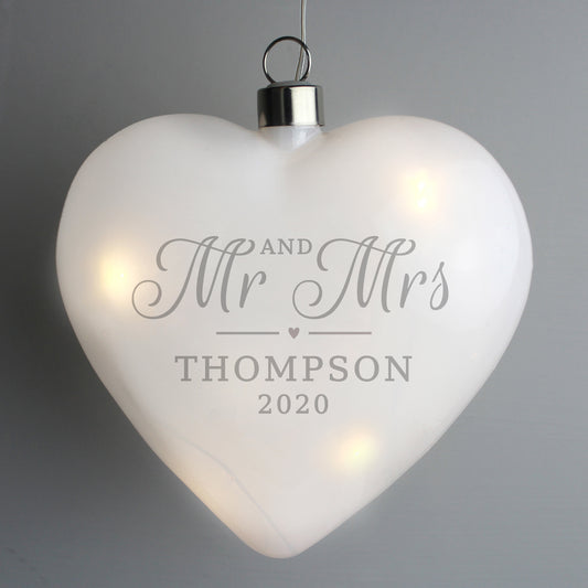 Personalised Mr & Mrs LED Hanging Glass Heart