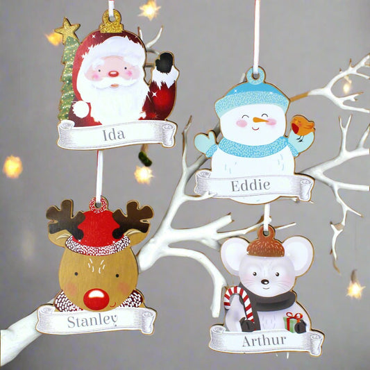 Personalised Set of Four Colourful Christmas Characters Wooden Hanging Decorations