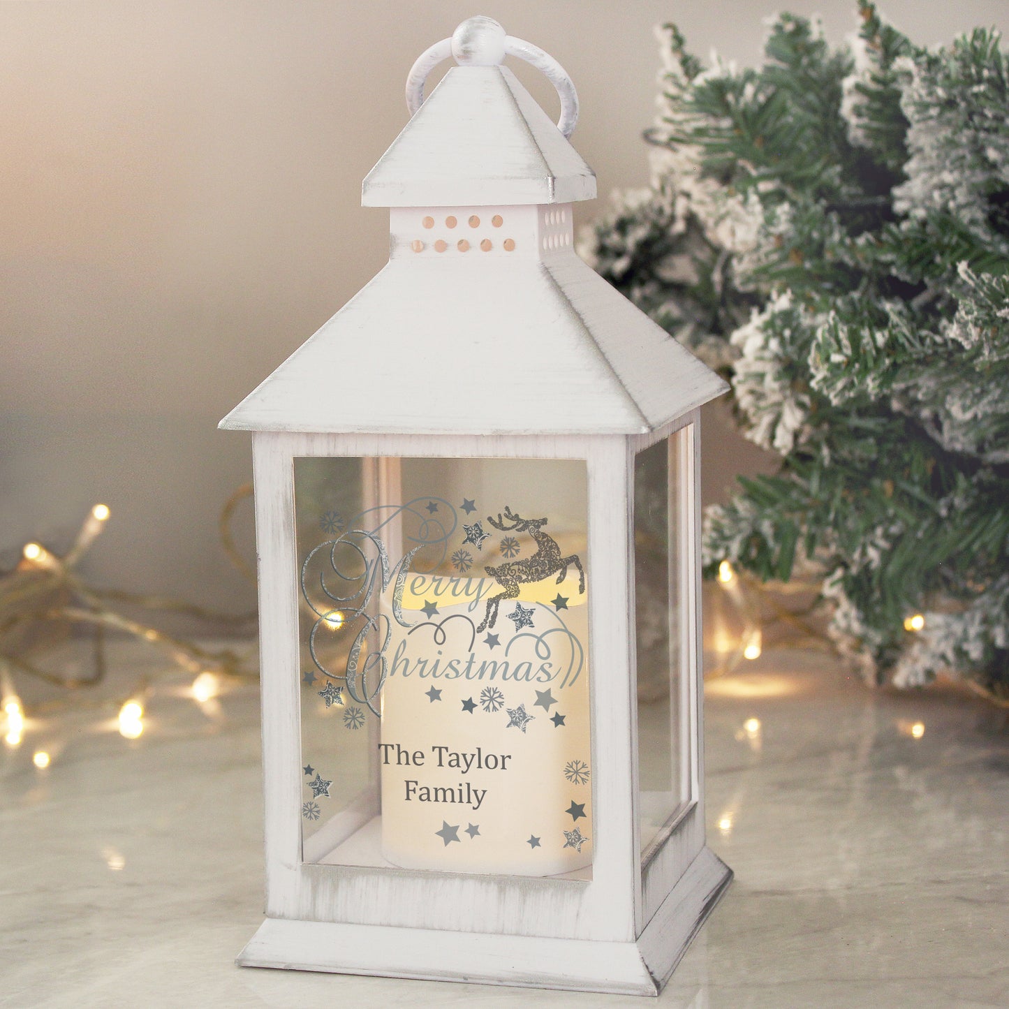 Personalised Silver Reindeer White Lantern